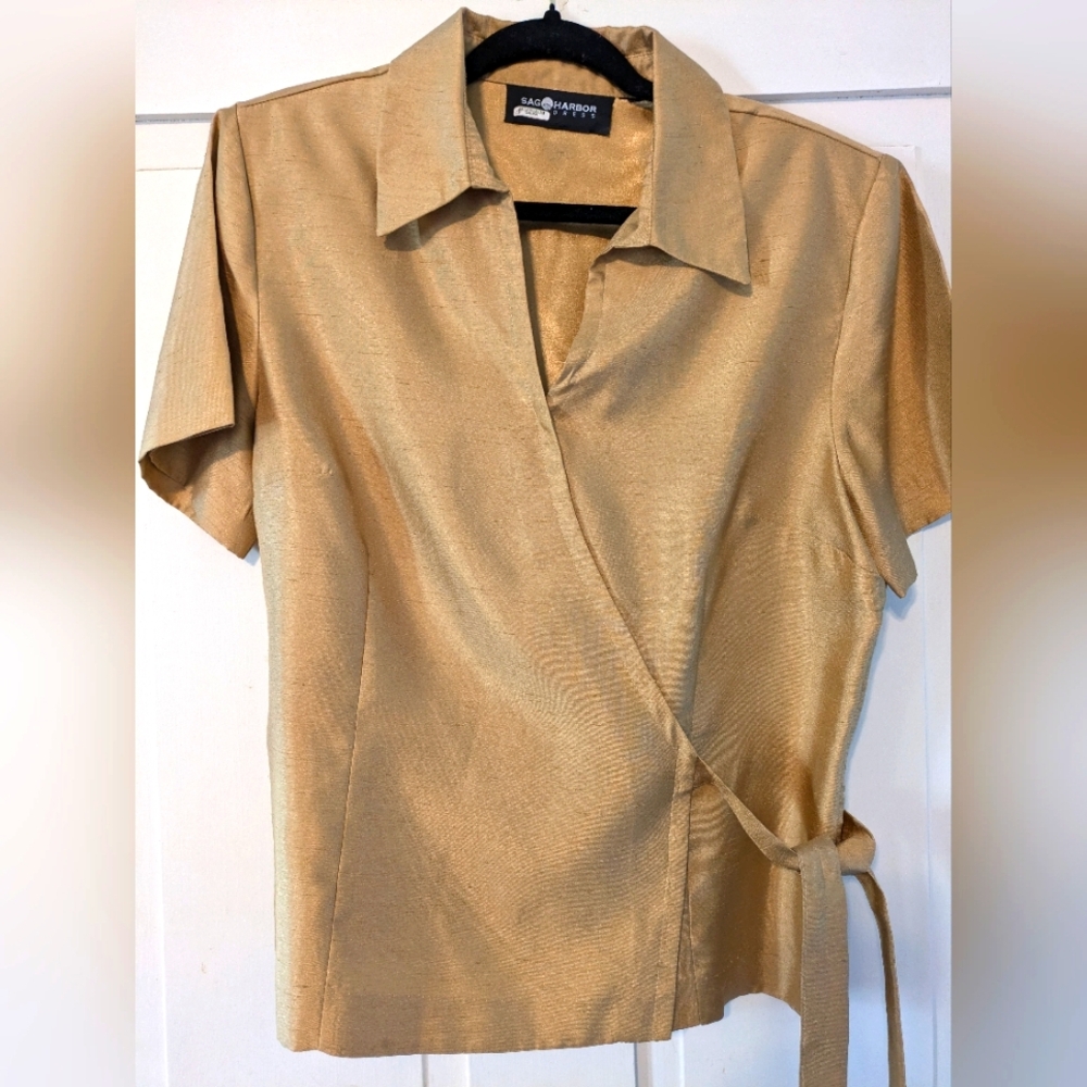 Gold Sag Harbor Silk Feel Faux Wrap Short Sleeve Blouse-M